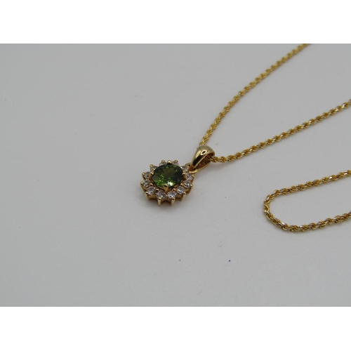 1580 - 18ct GOLD CHAIN WITH ATTACHED GREENSTONE DIAMOND PENDANT 4.3g appx and 41 cms inc clasps appx