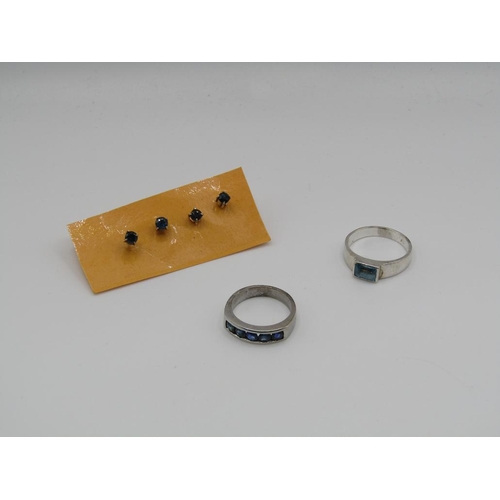 1586 - TWO SILVER STONE SET RINGS AND TWO PAIRS OF SILVER STONE SET EARRINGS