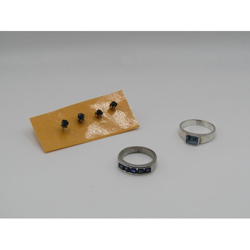 1586 - TWO SILVER STONE SET RINGS AND TWO PAIRS OF SILVER STONE SET EARRINGS