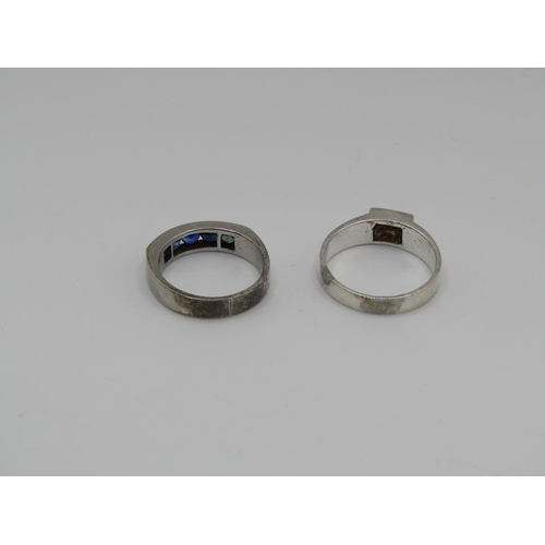 1586 - TWO SILVER STONE SET RINGS AND TWO PAIRS OF SILVER STONE SET EARRINGS