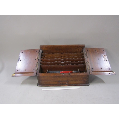 1410 - EDWARDIAN OAK STATIONERY BOX AND CONTENTS