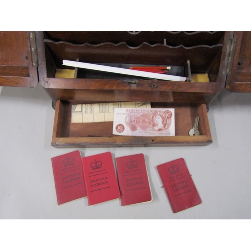 1410 - EDWARDIAN OAK STATIONERY BOX AND CONTENTS