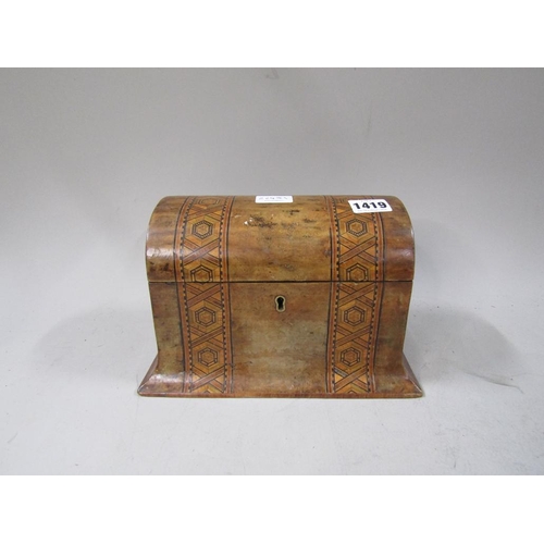 1419 - VICTORIAN BURR WALNUT AND TUNBRIDGE WARE TEA CADDY