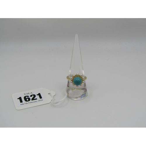 1621 - SILVER GILT TURQUOISE SEED PEARL RING SIZE O