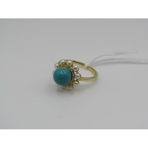 1621 - SILVER GILT TURQUOISE SEED PEARL RING SIZE O