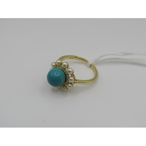 1621 - SILVER GILT TURQUOISE SEED PEARL RING SIZE O