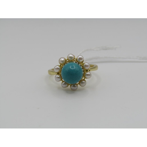 1621 - SILVER GILT TURQUOISE SEED PEARL RING SIZE O