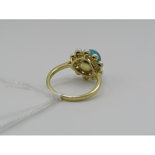 1621 - SILVER GILT TURQUOISE SEED PEARL RING SIZE O