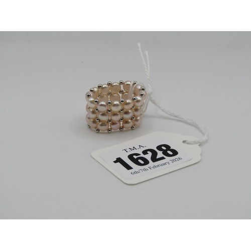1628 - SILVER ARTICULATED SEED PEARL RING SIZE