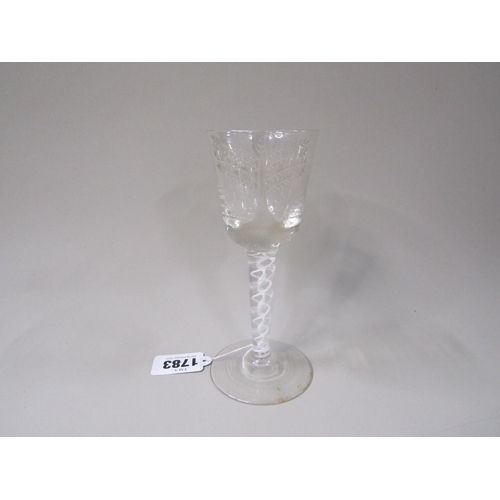 1783 - LATE 18C WINE GLASS WITH OPAQUE WHITE TWIST SPIRAL STEM, BOWL ENGRAVED WITH TREE AND BUTTERFLY