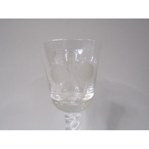 1783 - LATE 18C WINE GLASS WITH OPAQUE WHITE TWIST SPIRAL STEM, BOWL ENGRAVED WITH TREE AND BUTTERFLY