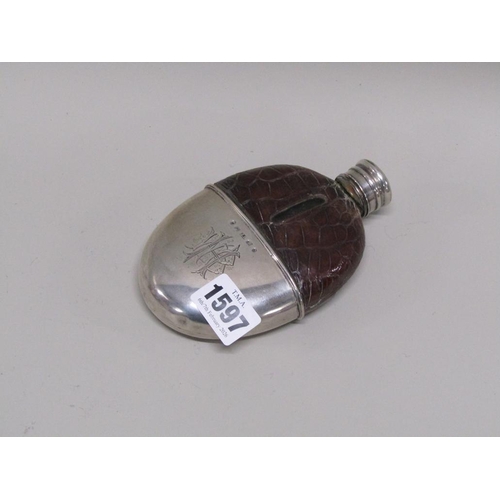 1597 - SILVER GLASS AND LEATHER SPIRIT FLASK, JOHN LINEGAR BIRMINGHAM 1876
