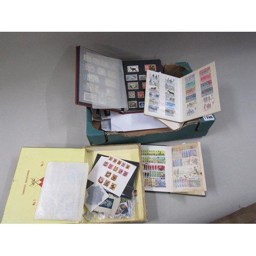 1746 - THREE ALBUMS OF MIXED STAMPS, LOOSE FIRST DAY COVERS AND A CIGAR CASE OF LOOSE STAMPS