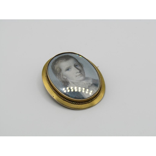 1544 - GOLD MOUNTED PORTRAIT MINIATURE BROOCH WITH HAIR WOVEN LOCKET