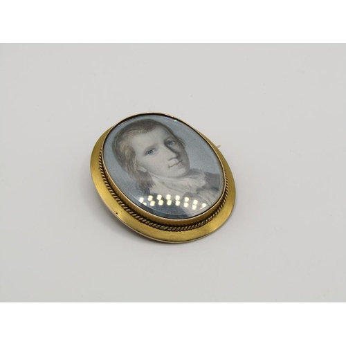 1544 - GOLD MOUNTED PORTRAIT MINIATURE BROOCH WITH HAIR WOVEN LOCKET