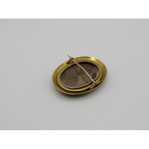 1544 - GOLD MOUNTED PORTRAIT MINIATURE BROOCH WITH HAIR WOVEN LOCKET