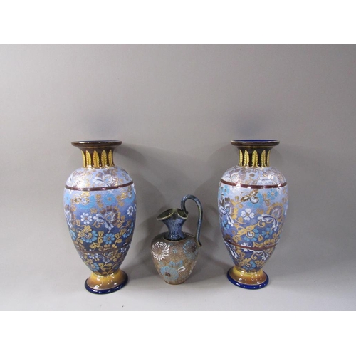 1851 - PAIR OF DOULTON SILICONE BALUSTER VASES, ONE A/F; ONE JUG