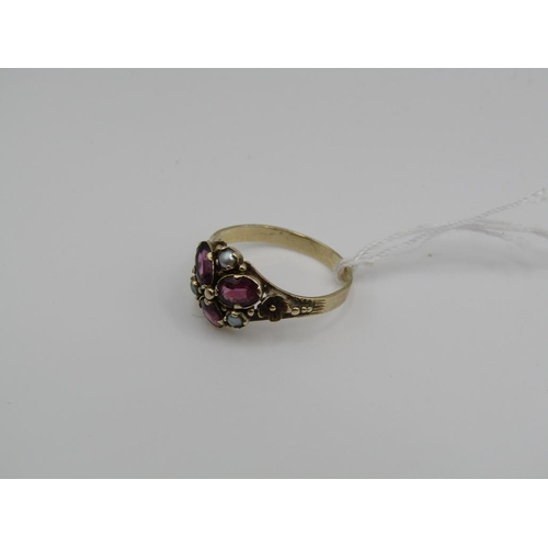 1565 - VICTORIAN GOLD AMETHYST AND SEED PEARL RING, SIZE J