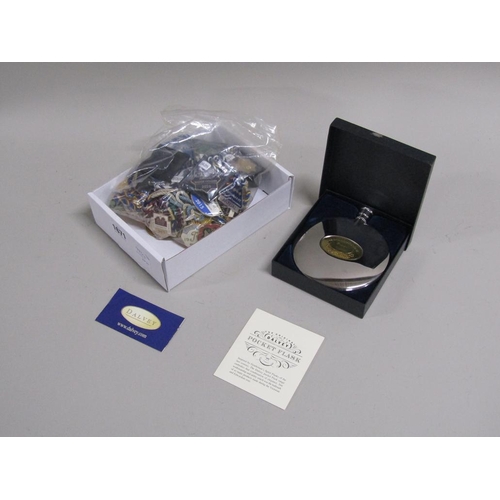 1671 - BOX TO INCL RACING BADGES, DALVEY HIP FLASK
