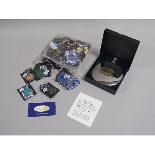 1671 - BOX TO INCL RACING BADGES, DALVEY HIP FLASK