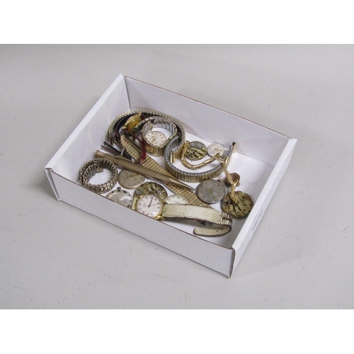 1672 - BOX OF WRISTWATCH MOVEMENTS, GOLD PLATED PROPELLING PENCIL, WATCH STRAPS ETC