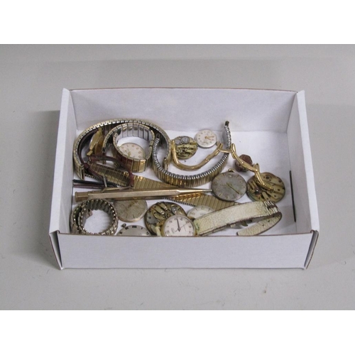 1672 - BOX OF WRISTWATCH MOVEMENTS, GOLD PLATED PROPELLING PENCIL, WATCH STRAPS ETC
