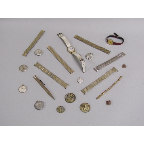 1672 - BOX OF WRISTWATCH MOVEMENTS, GOLD PLATED PROPELLING PENCIL, WATCH STRAPS ETC