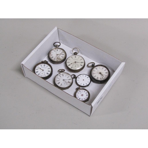 1674 - BOX OF SEVEN SILVER CASED POCKET WATCHES