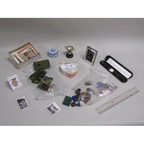 1689 - BADGES, COSTUME JEWELLERY, SILVER FRAMED PHOTOFRAME ETC