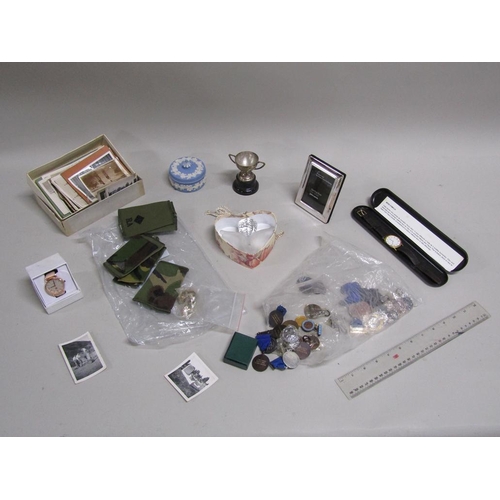 1689 - BADGES, COSTUME JEWELLERY, SILVER FRAMED PHOTOFRAME ETC