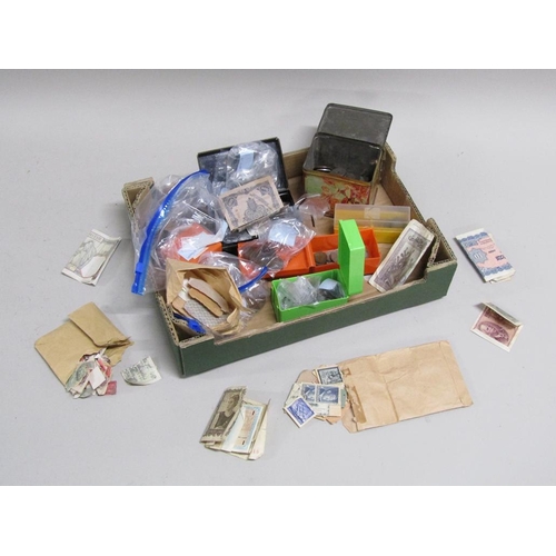 1697 - TRAY OF MIXED COINS, STAMPS AND SOME BANKNOTES