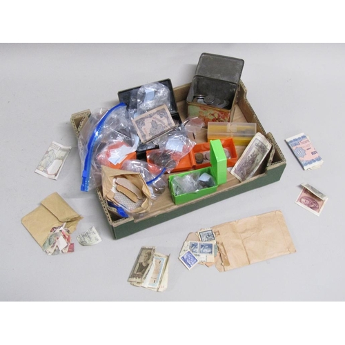 1697 - TRAY OF MIXED COINS, STAMPS AND SOME BANKNOTES