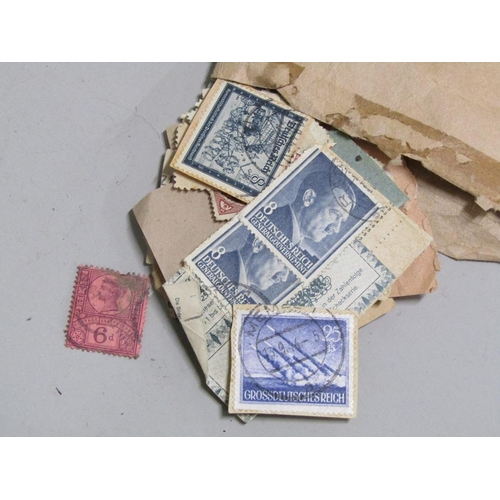 1697 - TRAY OF MIXED COINS, STAMPS AND SOME BANKNOTES