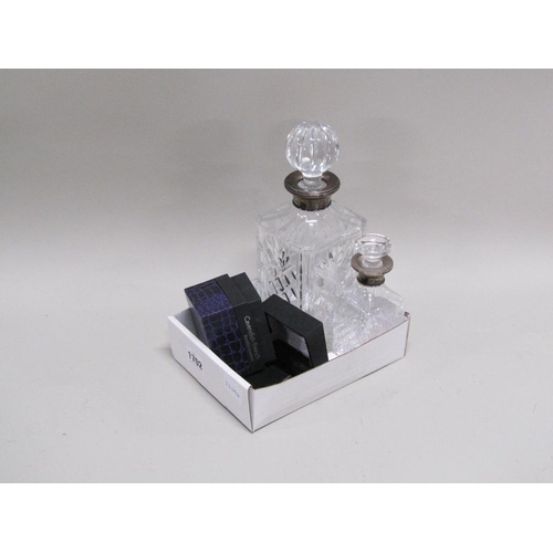 1702 - TWO SILVER NECKED DECANTERS PLUS LIGHTER AND COSTUME JEWELLERY