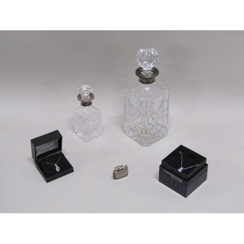 1702 - TWO SILVER NECKED DECANTERS PLUS LIGHTER AND COSTUME JEWELLERY
