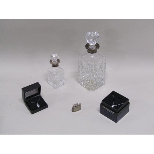 1702 - TWO SILVER NECKED DECANTERS PLUS LIGHTER AND COSTUME JEWELLERY