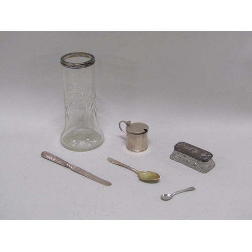 1722 - SILVER RIM GLASS VASE, SILVER TOPPED DRESSING TABLE POT, SILVER MUSTARD, SILVER SPOON AND A SILVER B... 
