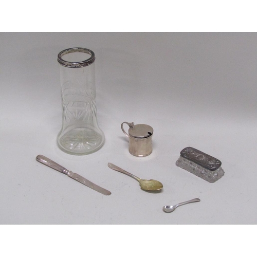 1722 - SILVER RIM GLASS VASE, SILVER TOPPED DRESSING TABLE POT, SILVER MUSTARD, SILVER SPOON AND A SILVER B... 