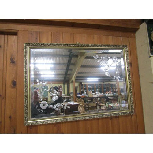 1215 - GILT FRAMED WALL MIRROR, MIRROR PLATE ENGRAVED WITH BIRDS AND FLORAL SPRAYS