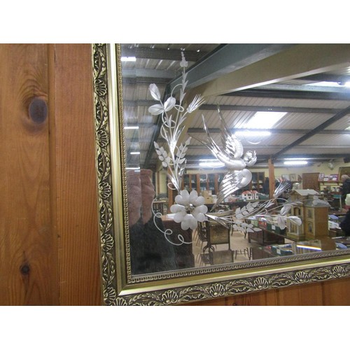 1215 - GILT FRAMED WALL MIRROR, MIRROR PLATE ENGRAVED WITH BIRDS AND FLORAL SPRAYS