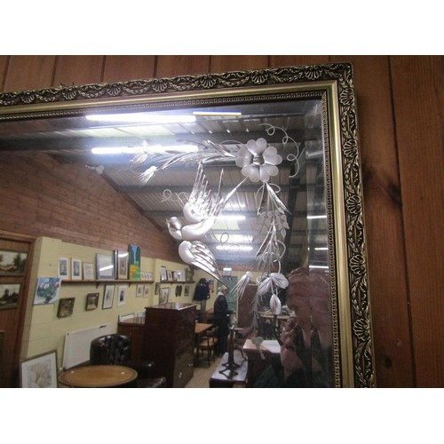 1215 - GILT FRAMED WALL MIRROR, MIRROR PLATE ENGRAVED WITH BIRDS AND FLORAL SPRAYS