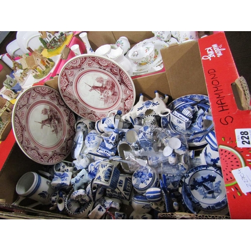 228 - BOX OF BLUE AND WHITE CHINA AND TWO PLATES