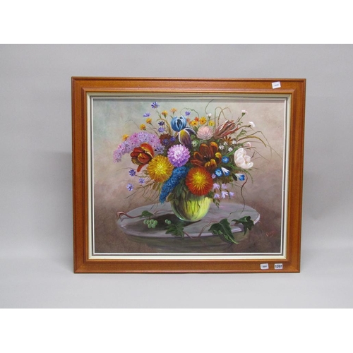 1207 - DAISY - VASE OF MIXED SUMMER FLOWERS, SIGNED OIL ON PANEL, FRAMED
