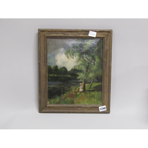 1248 - UNSIGNED 19C - LADY UNDER TREE BY RIVER, OIL ON CANVAS, FRAMED