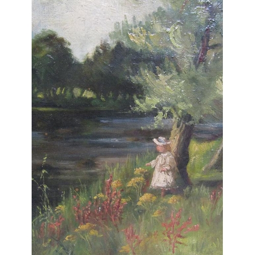 1248 - UNSIGNED 19C - LADY UNDER TREE BY RIVER, OIL ON CANVAS, FRAMED
