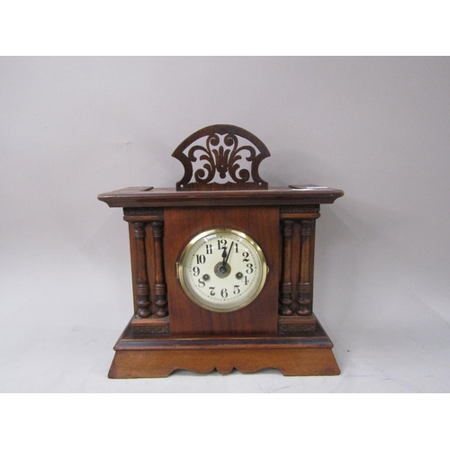 1415 - OAK AND MAHOGANY CASED COLUMN MANTEL CLOCK