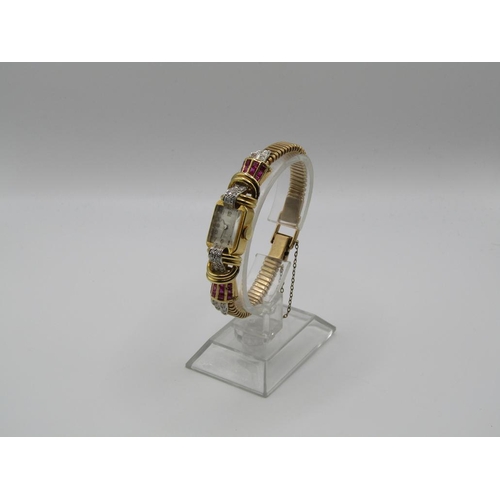 1444 - 18ct GOLD MOVEMENT WITH LATER 9ct STRAP HELBROS WATCH COMPANY COCKTAIL WATCH SET WITH RUBIES AND DIA... 