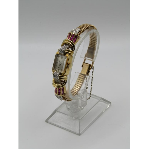 1444 - 18ct GOLD MOVEMENT WITH LATER 9ct STRAP HELBROS WATCH COMPANY COCKTAIL WATCH SET WITH RUBIES AND DIA... 