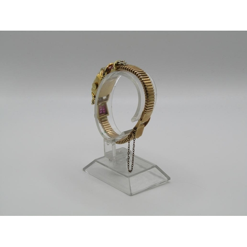 1444 - 18ct GOLD MOVEMENT WITH LATER 9ct STRAP HELBROS WATCH COMPANY COCKTAIL WATCH SET WITH RUBIES AND DIA... 
