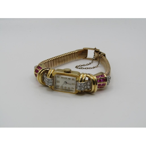 1444 - 18ct GOLD MOVEMENT WITH LATER 9ct STRAP HELBROS WATCH COMPANY COCKTAIL WATCH SET WITH RUBIES AND DIA... 